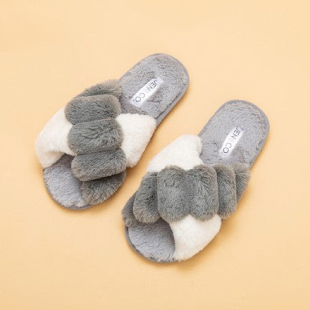 Gray and Cream Fuzzy Slippers